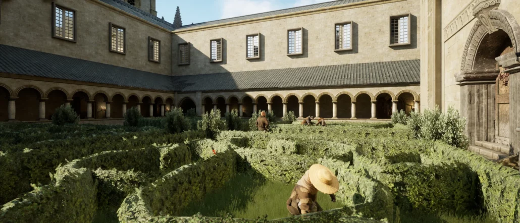 Reconstitution 3D du jardin du cloître de l’Abbaye royale de Saint-Jean-d’Angély, avec les moines au travail