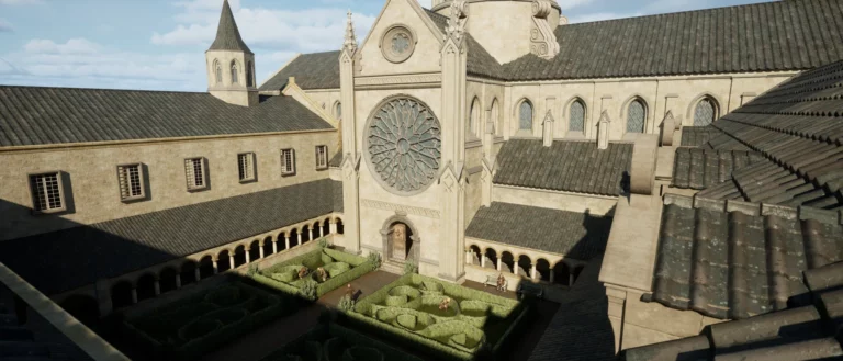 Reconstitution 3D du cloître et de l’église abbatiale de Saint-Jean-d’Angély vus d’en haut