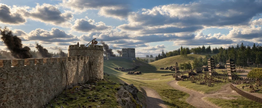 Reconstitution 3D du siège du château de Falaise en 1204 : remparts, tour ronde et camp des troupes de Philippe Auguste