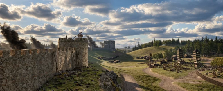 Reconstitution 3D du siège du château de Falaise en 1204 : remparts, tour ronde et camp des troupes de Philippe Auguste