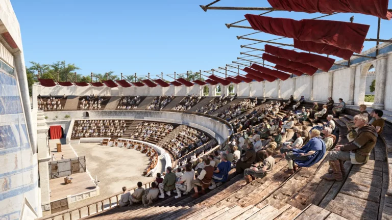 Reconstitution 3D du théâtre gallo-romain des Bouchauds rempli de spectateurs