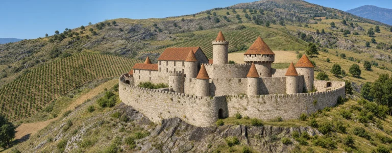Reconstitution 3D du château de l’Engelbourg dominant les vignes de Thann