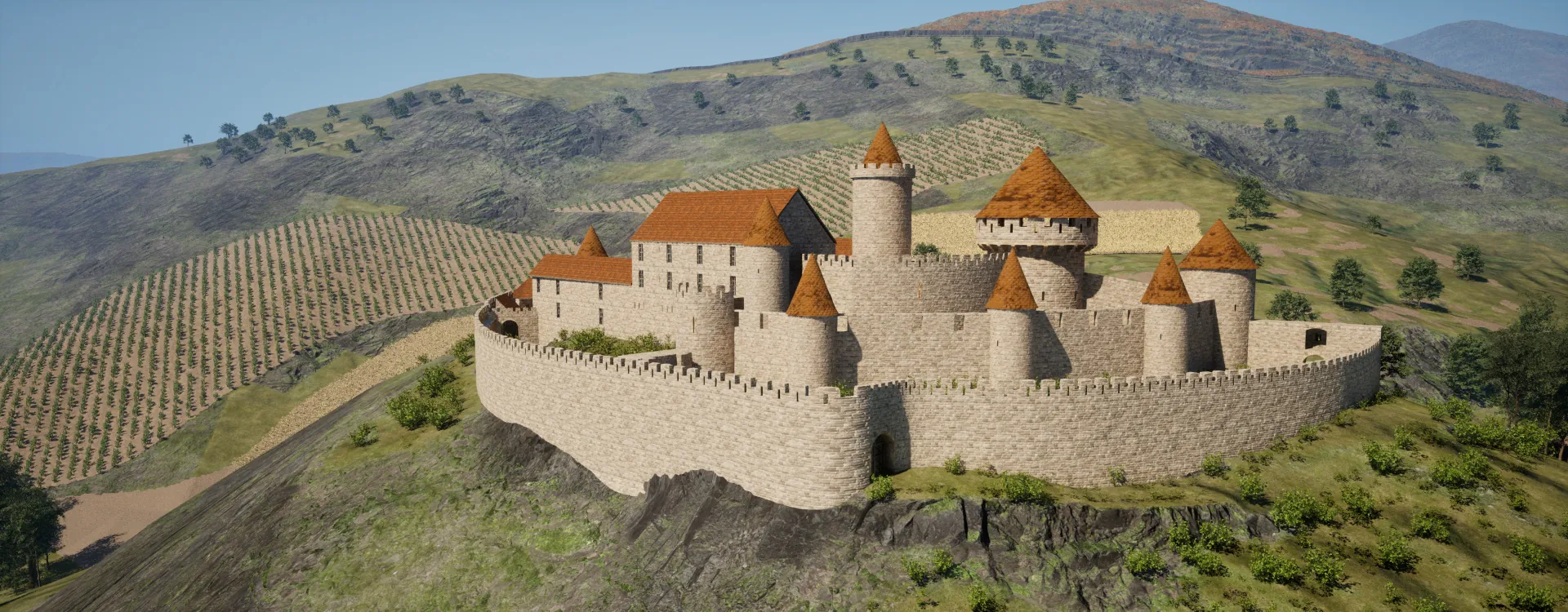 Reconstitution 3D du château de l’Engelbourg dominant les vignes de Thann